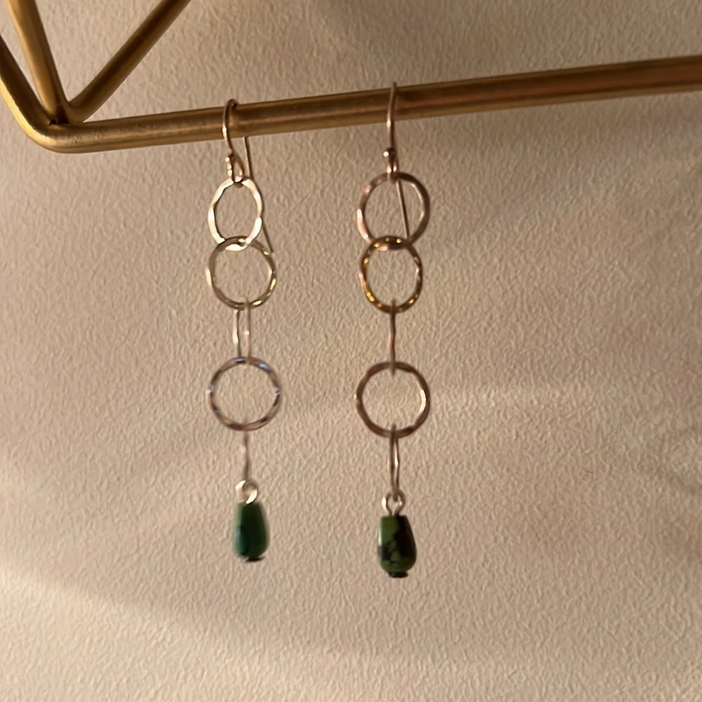 Silver Circle Green Dangle Earrings